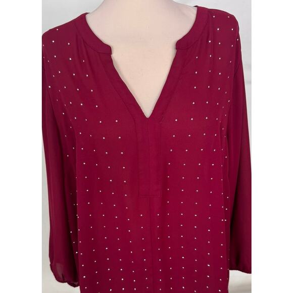 Maurices Womens Plus Size 1X Red V Neck Top 100% Polyester Silver Dotted - Picture 2 of 8